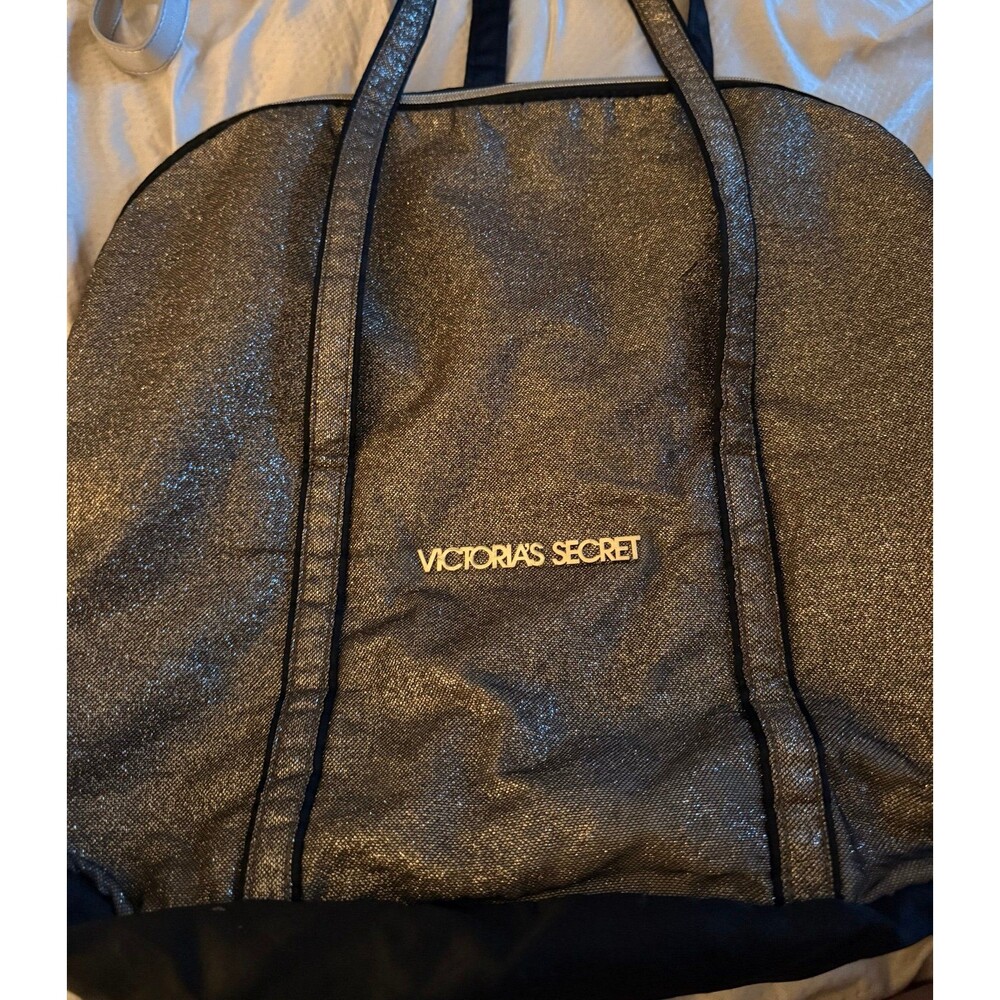 Victoria's Secret Black Metallic Gold Glitter Zipper Weekender Travel Tote Bag